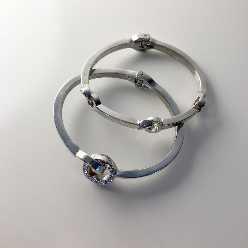 Silver-tone hinged cuff bracelets with rhinestones - Picture 3 of 4